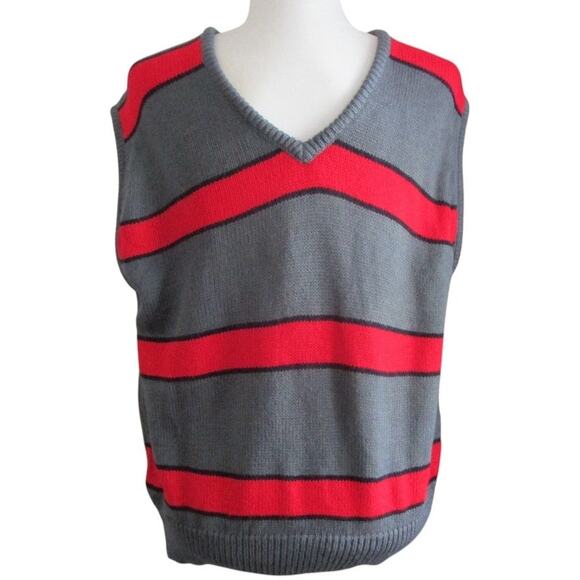 Vintage 80s Gray Red Striped Sweater Vest Men S Retro Prep Academia Unisex Cozy - Picture 16 of 17